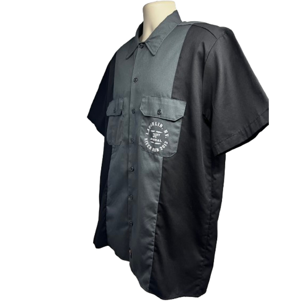 Dickies Gray Black Double Graphic Embroider Mechanic Garage Button Up Shirt L - Picture 3 of 10